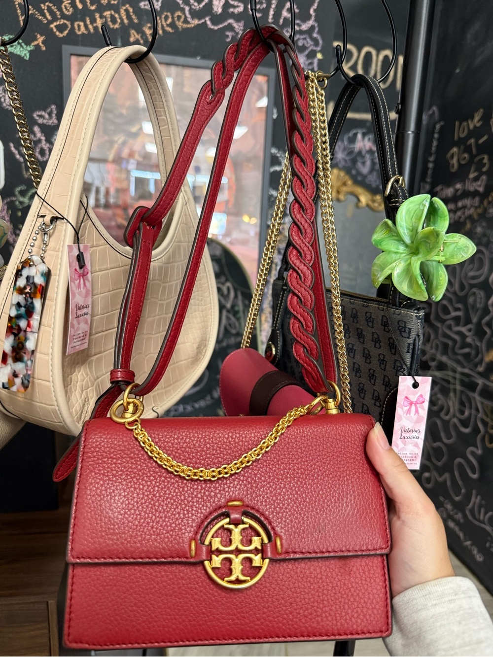 Tory Burch Red Pebbled Leather Shoulder Bag with Gold Hardware